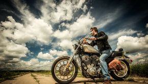 Man riding a Harley. 